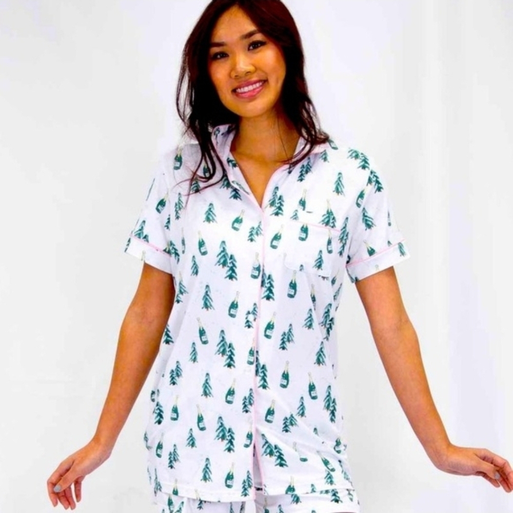 Women's White and Green Pajama Set